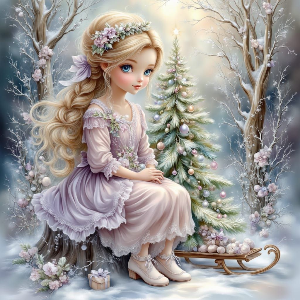 Whimsical Girl in Snowy Woodland with Xmas Tree