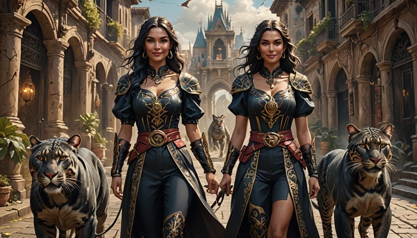 Woman with Panthers: Detailed Fantasy Concept Art