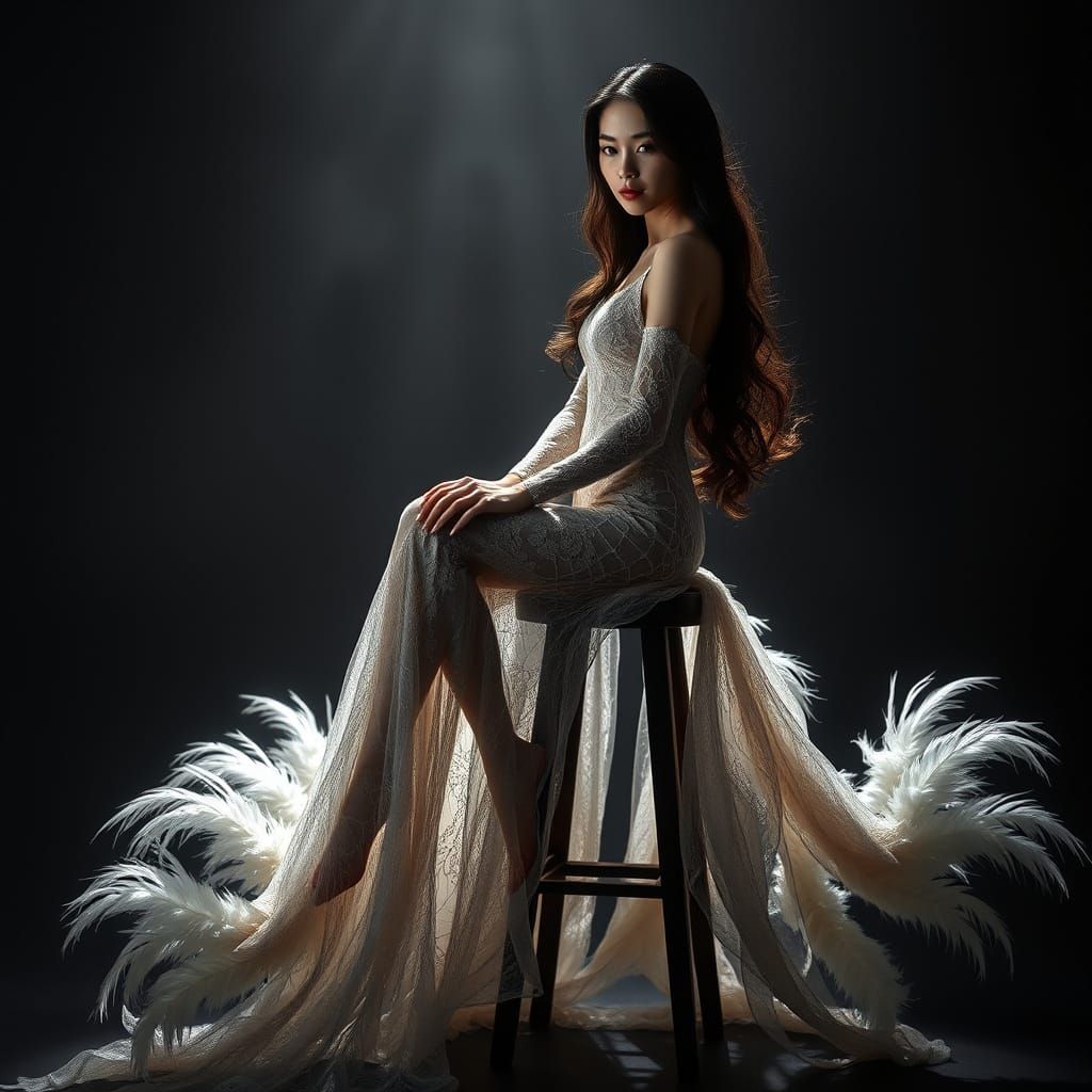 Elegant Woman in Lace Dress, Film Noir Style