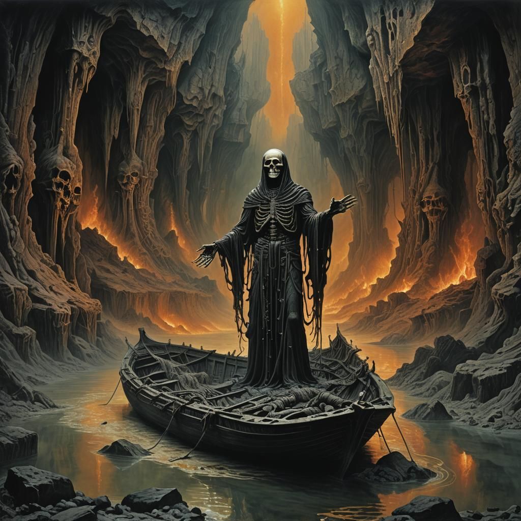 Underworld Boatman in Dark Surrealism Style