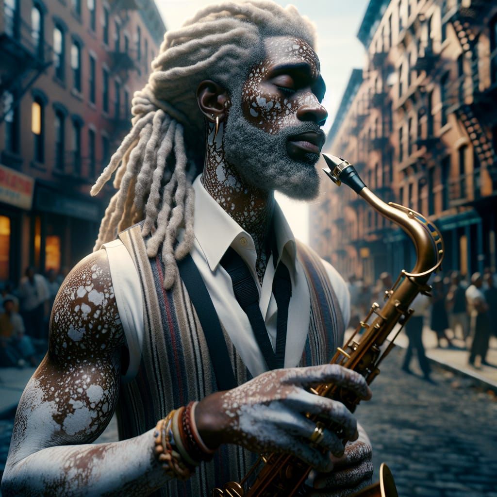 Harlem Saxophonist in Vibrant Urban Scene