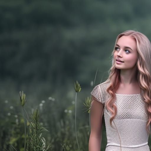 Girl with Blond Hair in Idyllic Landscape