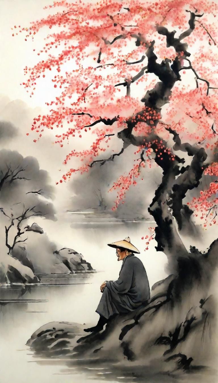 Peaceful Sumi-e Painting: Cherry Trees and Resting Man