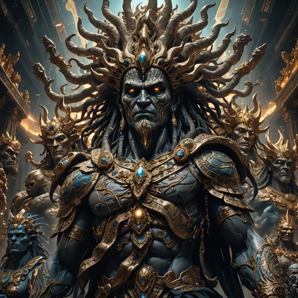 Multi-Faced Stone Deity in Dark Fantasy Art