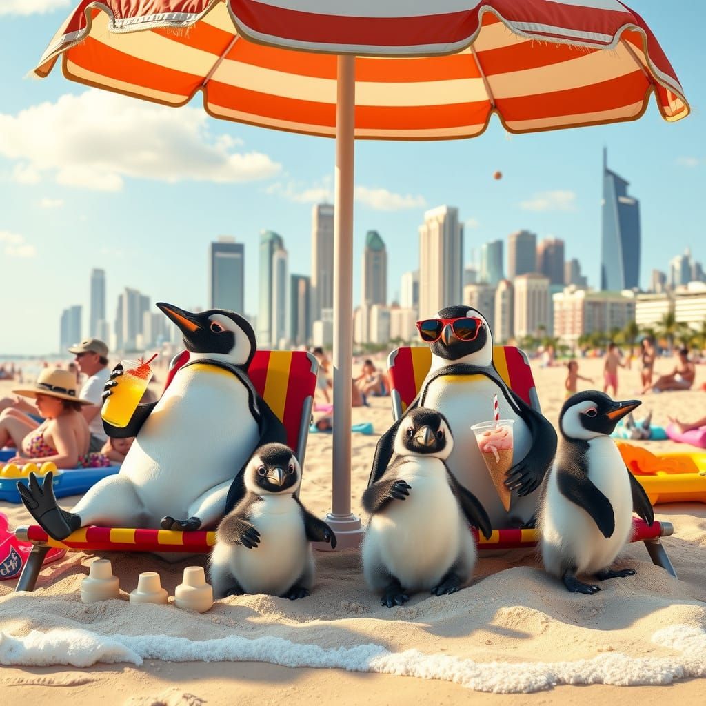 Penguins Enjoy a Vibrant Summer Beach Day