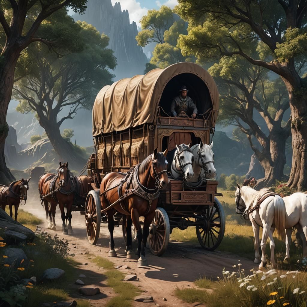 Horse-Drawn Covered Wagon in Detailed Matte Painting