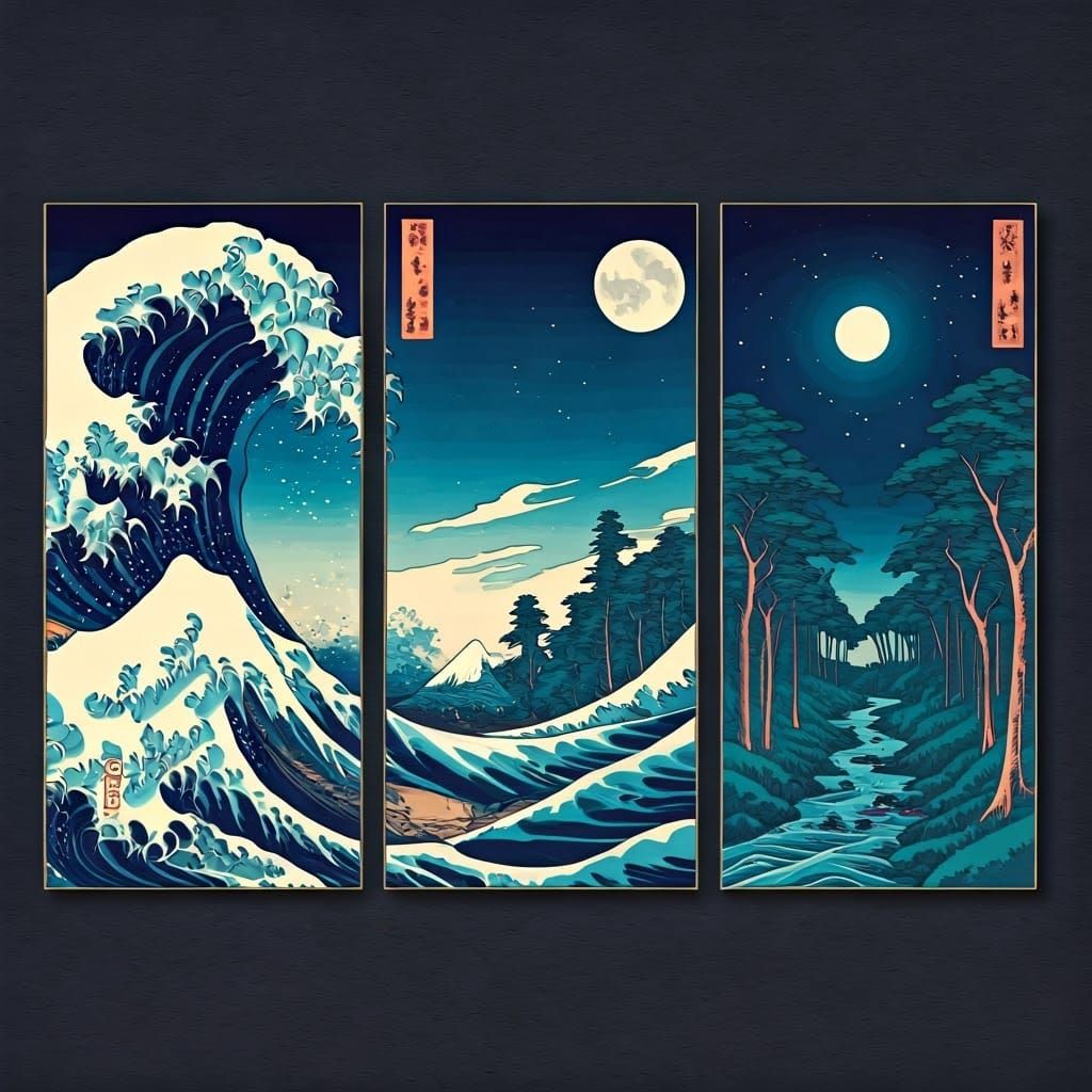 Triptych: Stormy Seas, Forest River, Moonlit Sky