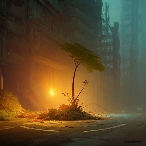 Resilient Plant Emerges on Destroyed Road in Hyperdetailed A...