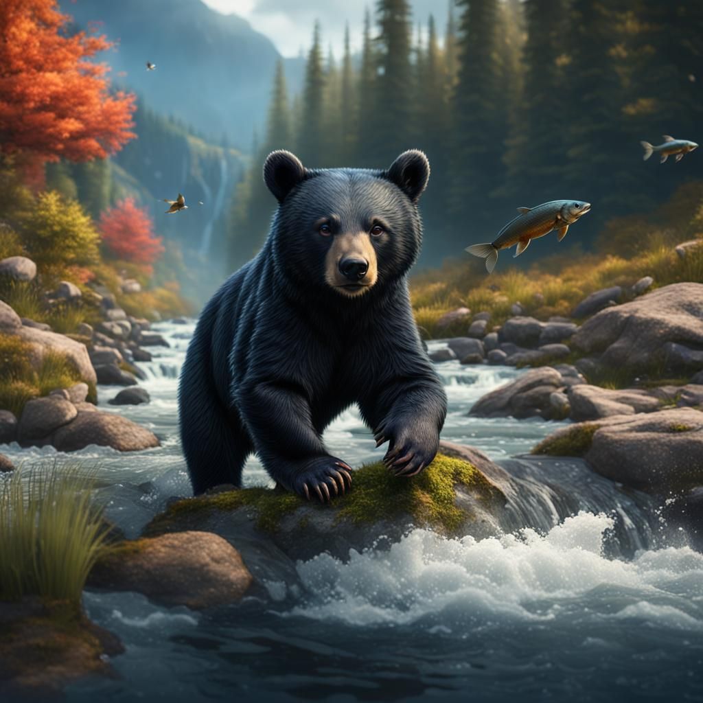 Cute Baby Black Bear Hunts Salmon, Detailed Matte Painting