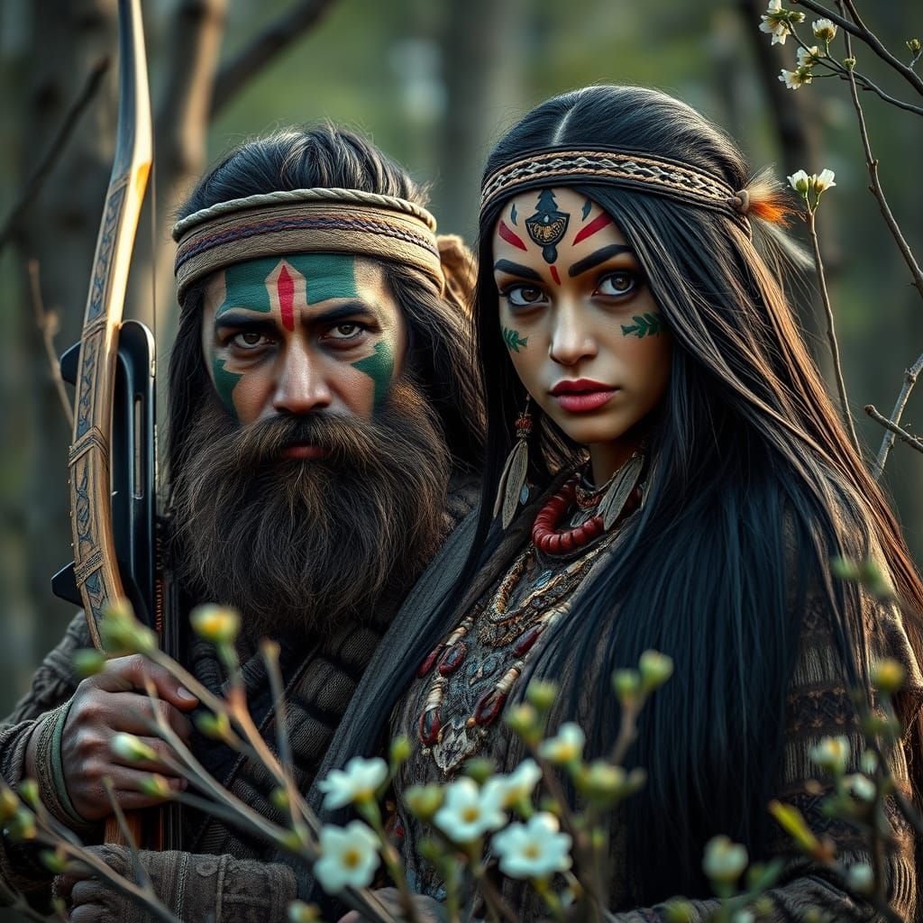 Native Couple Hunting in Spring, Hyperrealistic 8k Portrait