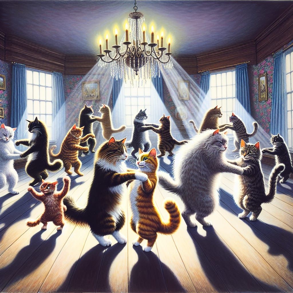 Felines in Joyful Dance under Chandelier Light