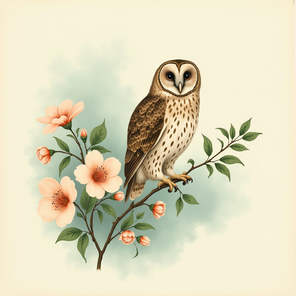 Botanical Illustration: Owl with Peach Blossoms