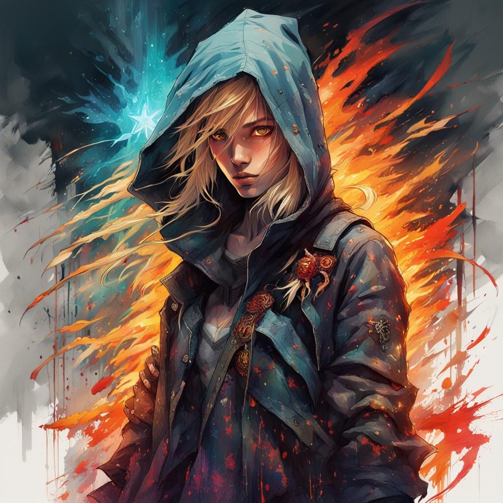 Assassin Girl with Flaming Daggers: Anime-Style Digital Art