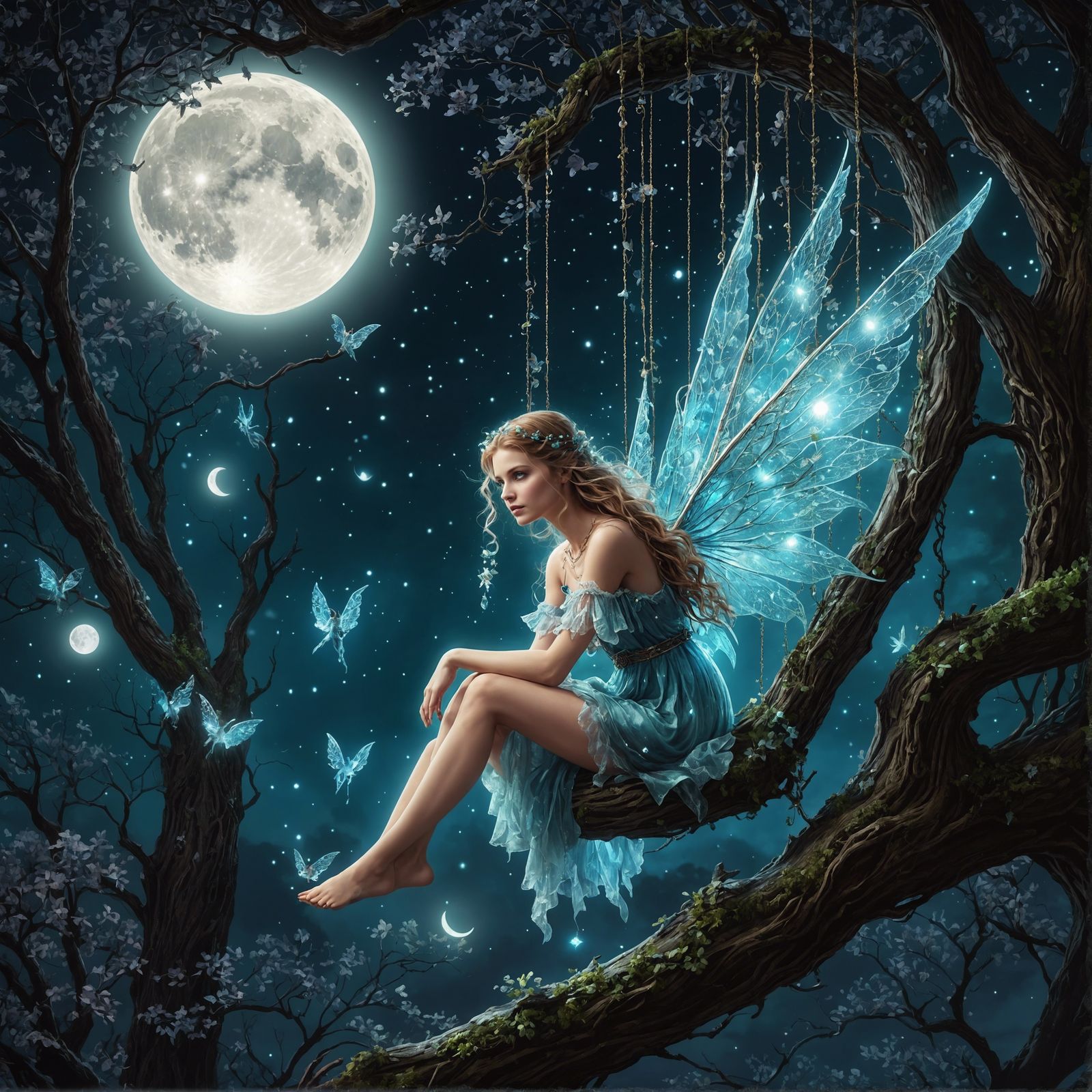 Bioluminescent Angels and Fairies Under Moonlight