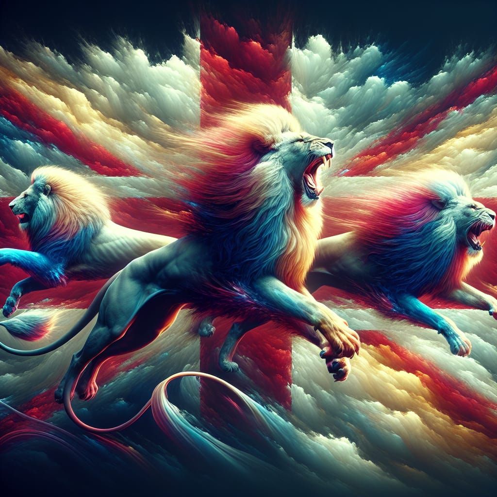Majestic Lions Roaring on England Flag: Digital Matte Painti...