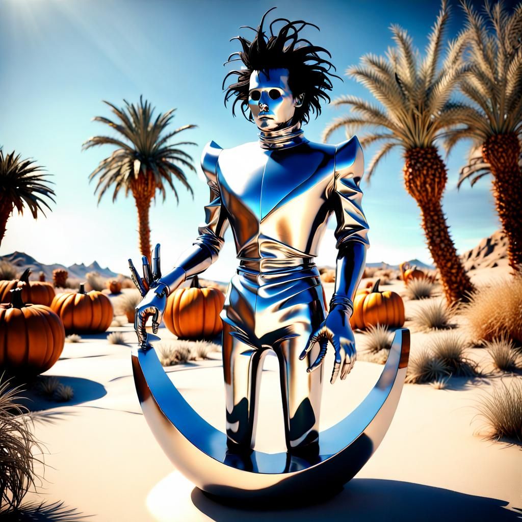 Edward Scissorhands Silver Sculpture in Desert Oasis