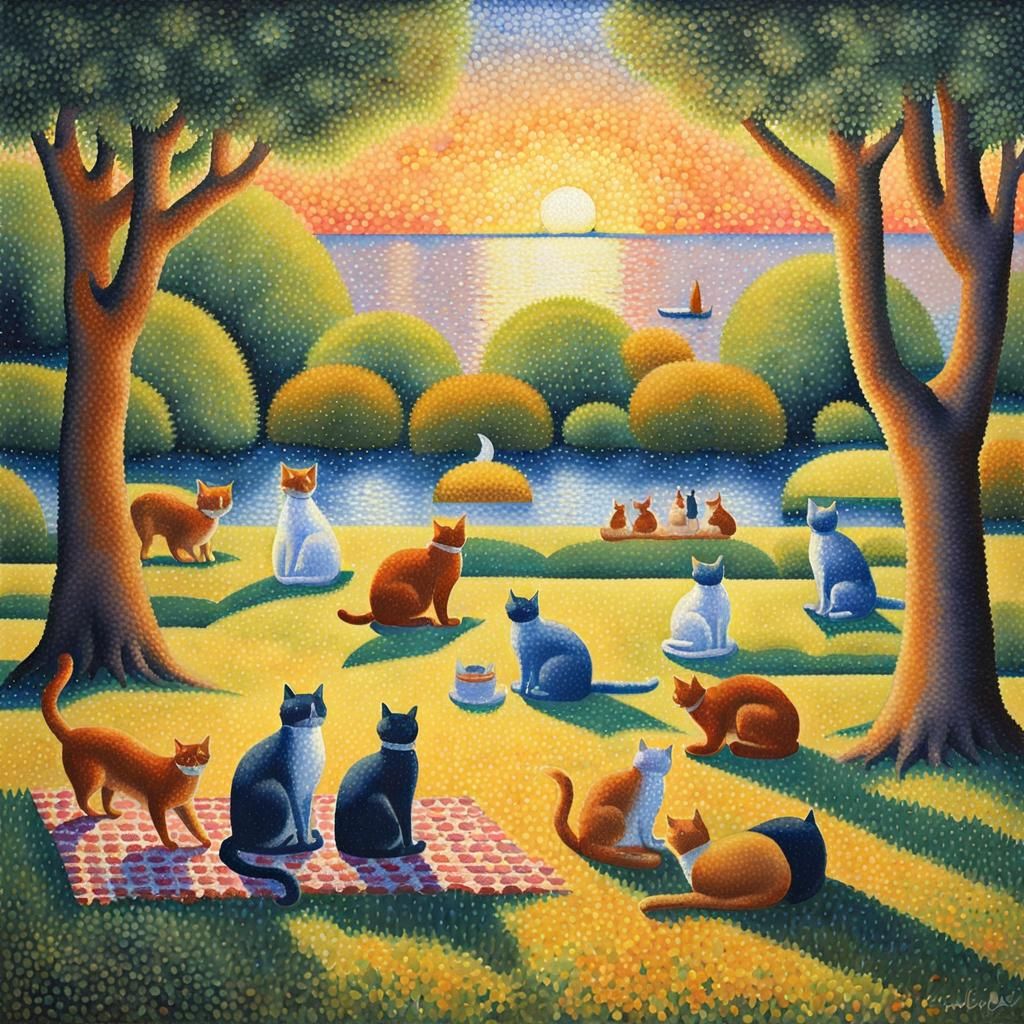 Cats' Picnic: Pointillism Painting in Seurat Style