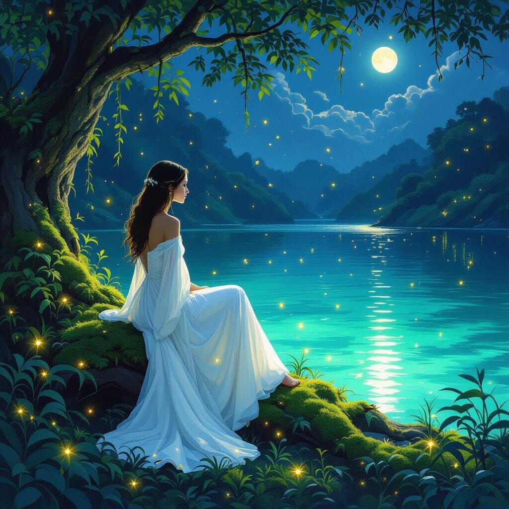 Mystical Emerald Lake at Night with Glowing Water