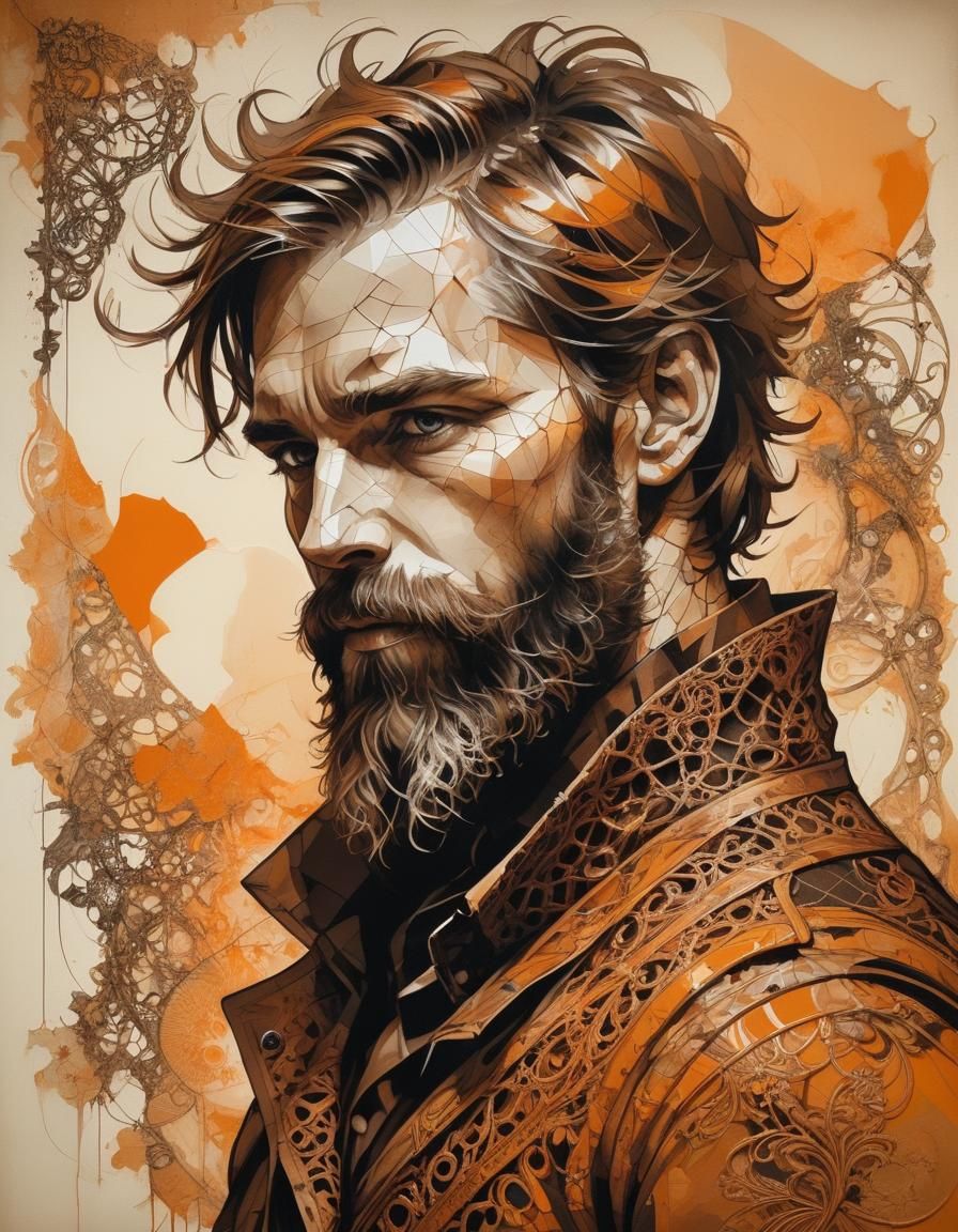Duotone Portrait of Bearded Man in Textile Art Style