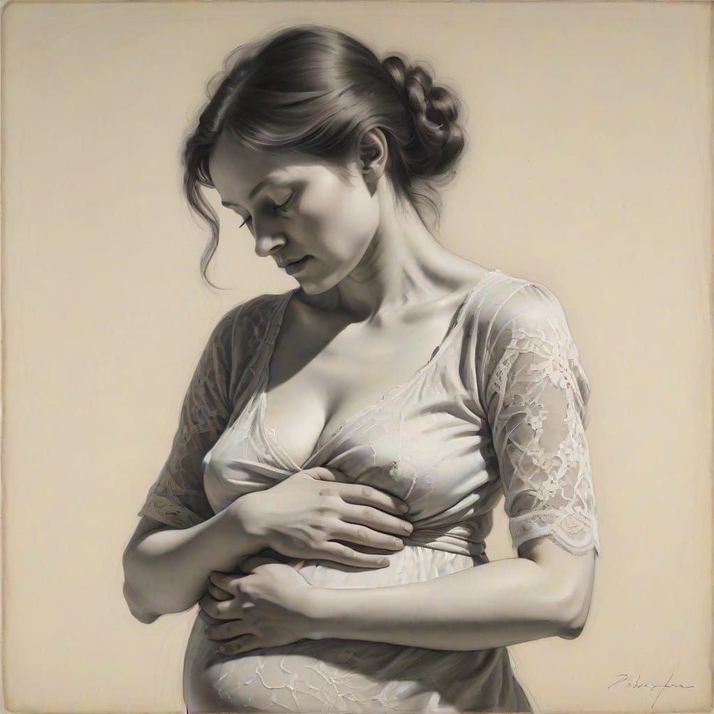 Serene Pregnant Woman in Charcoal Drawing