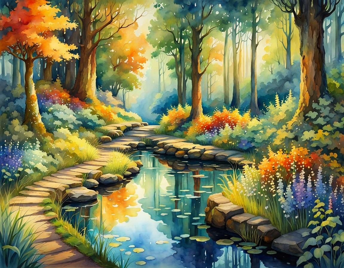 Dreamy Watercolor Forest Landscape with Lit Paths