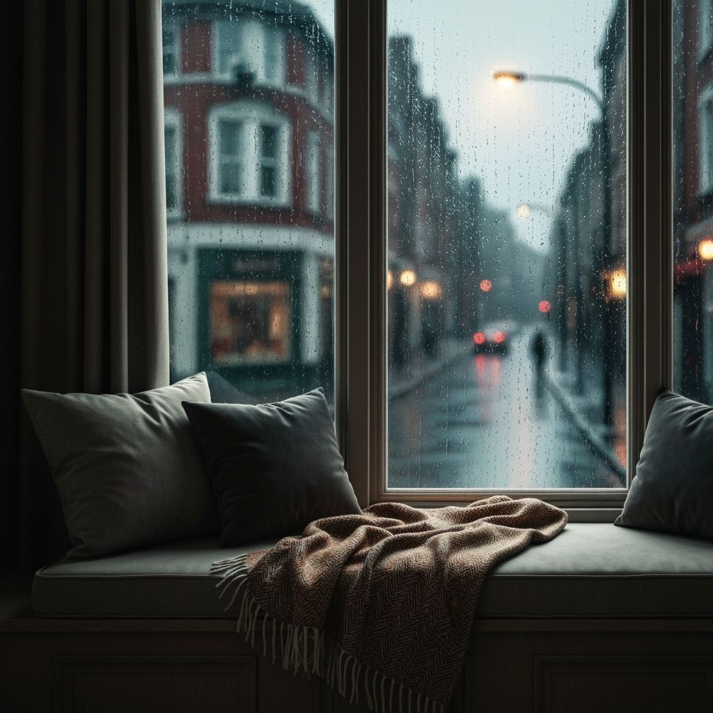 Cozy Rainy Day Window Seat in Photorealistic Style
