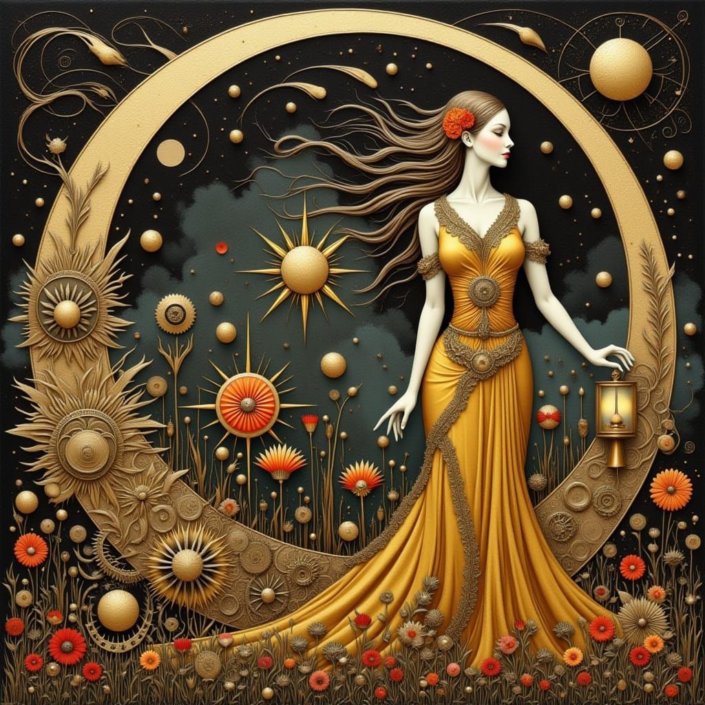 Goddess with Sun Lantern in Gear Flower Field