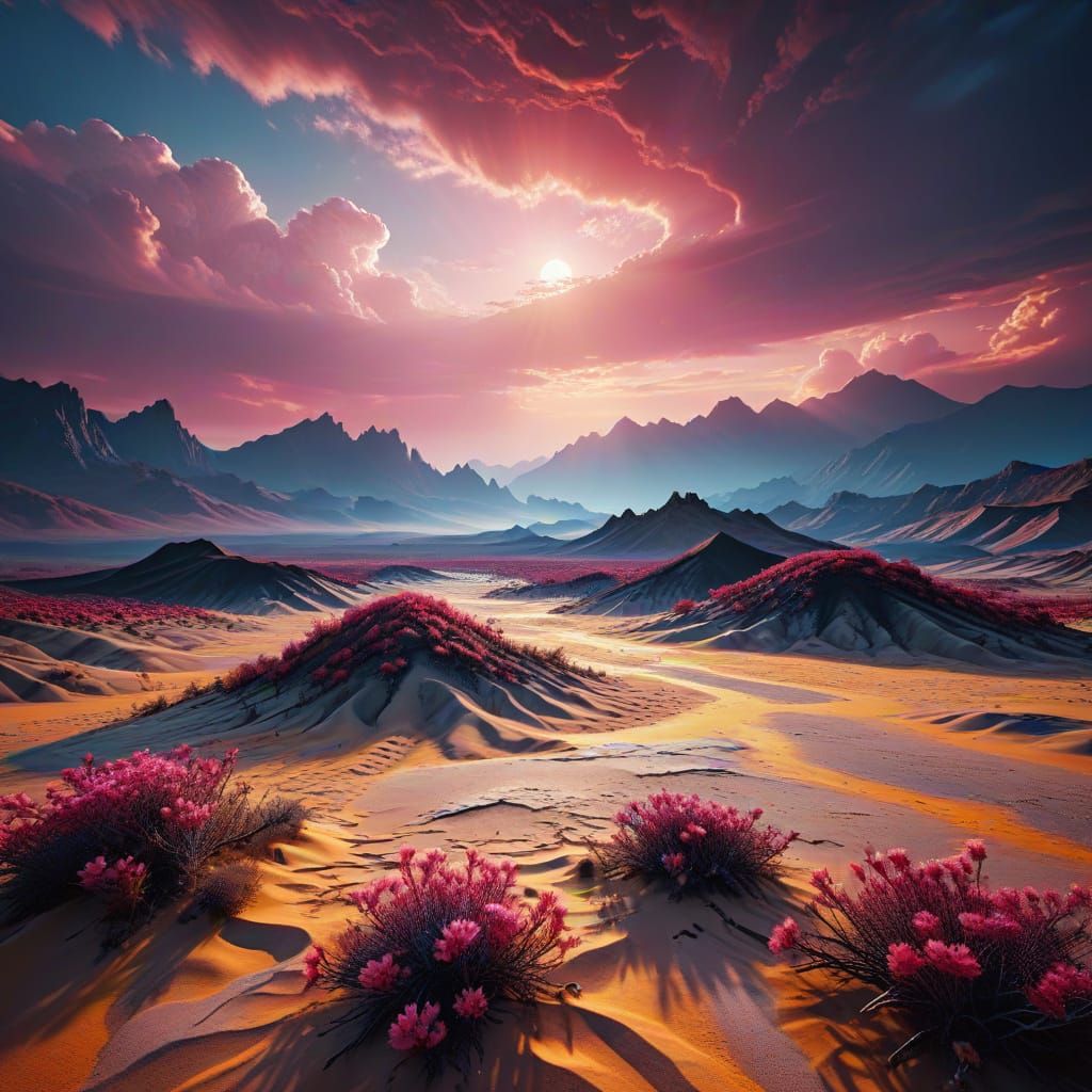 Surreal Desert Landscape Under Dramatic Pink Sky