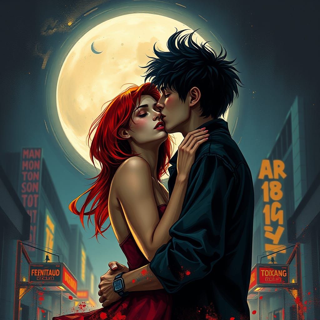 Passionate Moonlit Embrace in Vibrant Urban Dreamscape
