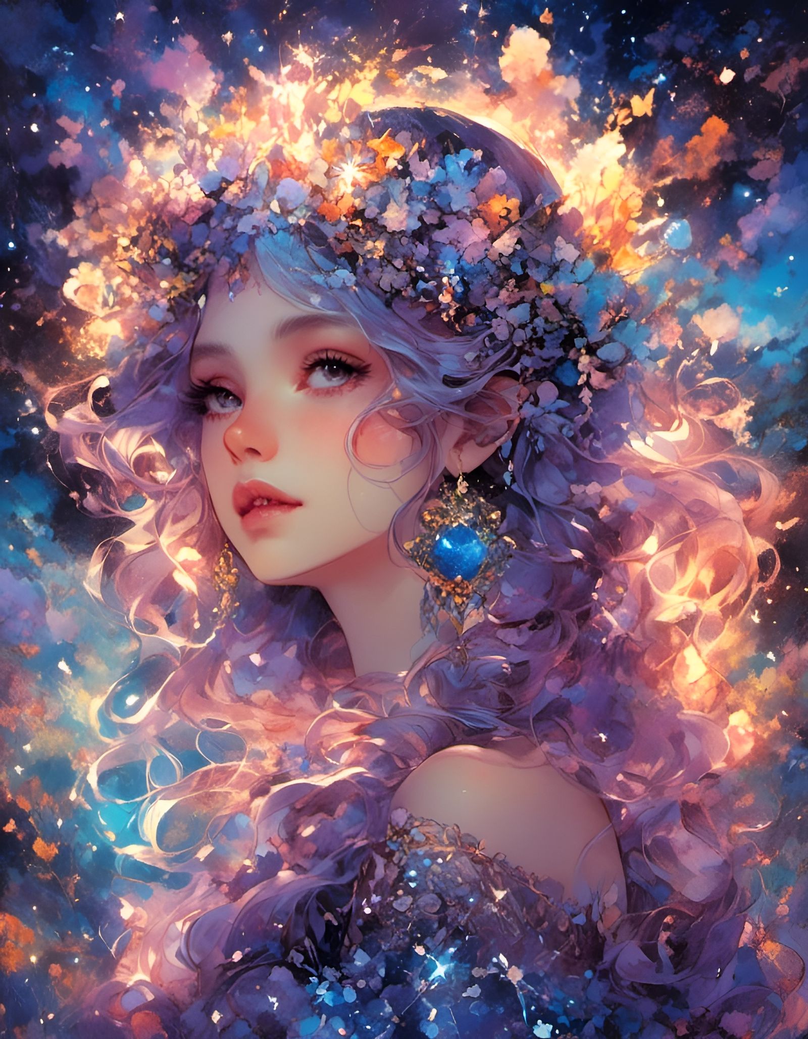 Enchanted Elf Princess in Vibrant Galaxy Nightscape