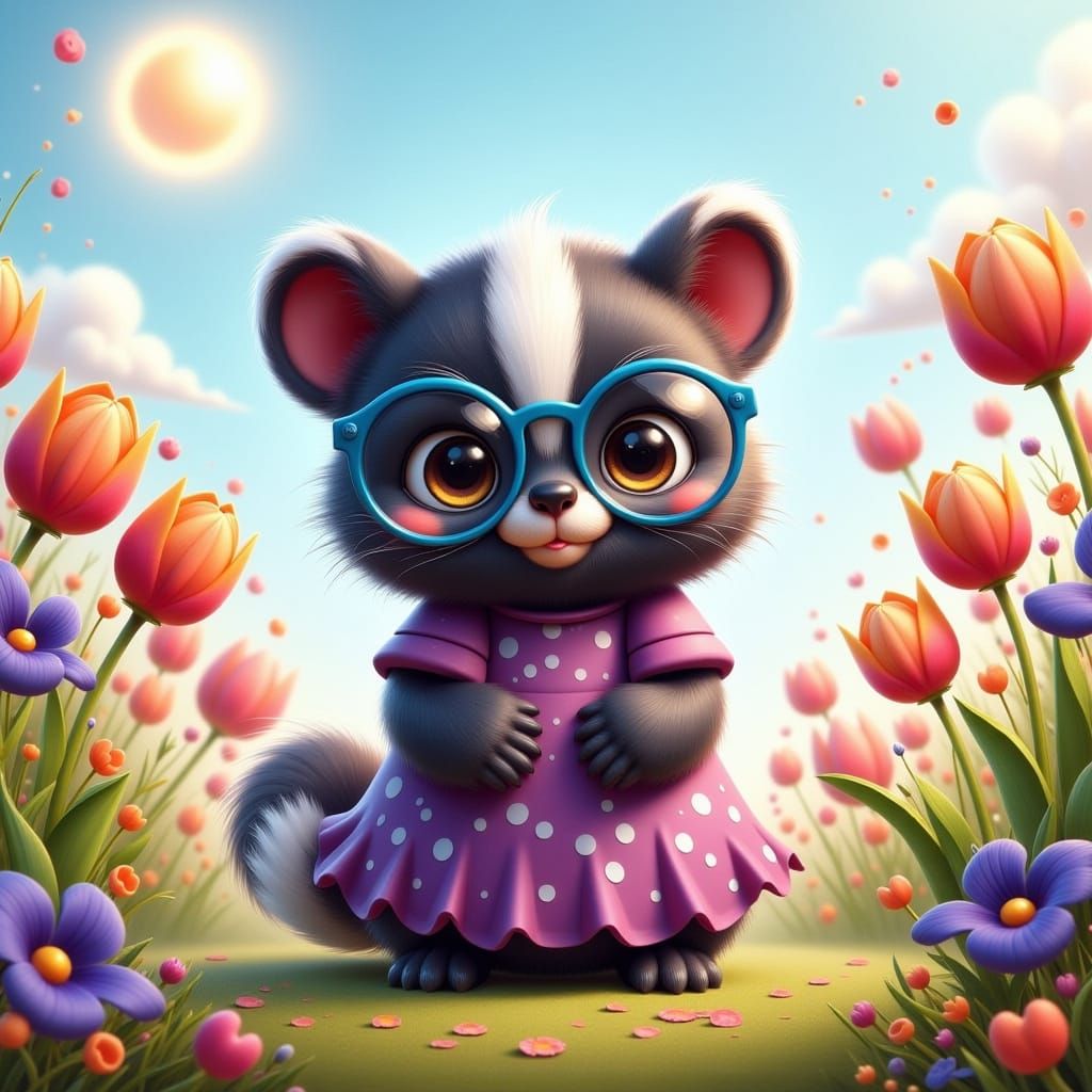 Whimsical Cartoon Skunk in a Vibrant Floral Field