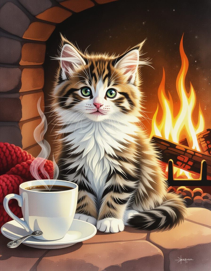 Snowshoe Kitten by Fireplace in Watercolor Style
