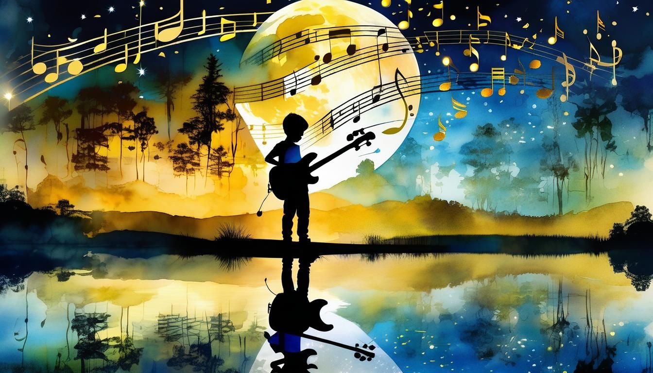 Silhouette Boy Plays Bass in Watercolor Fantasy