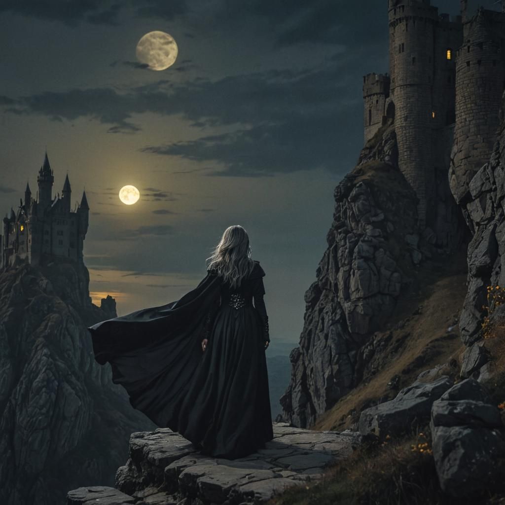 Gothic Witch on Cliffside Under Moonlight