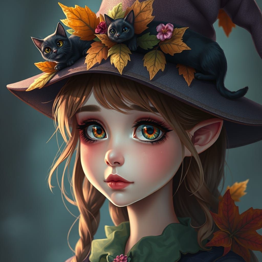 A high-definition, fantasy-style illustration of a young witch character with a delicate and whimsical appearance. She h...