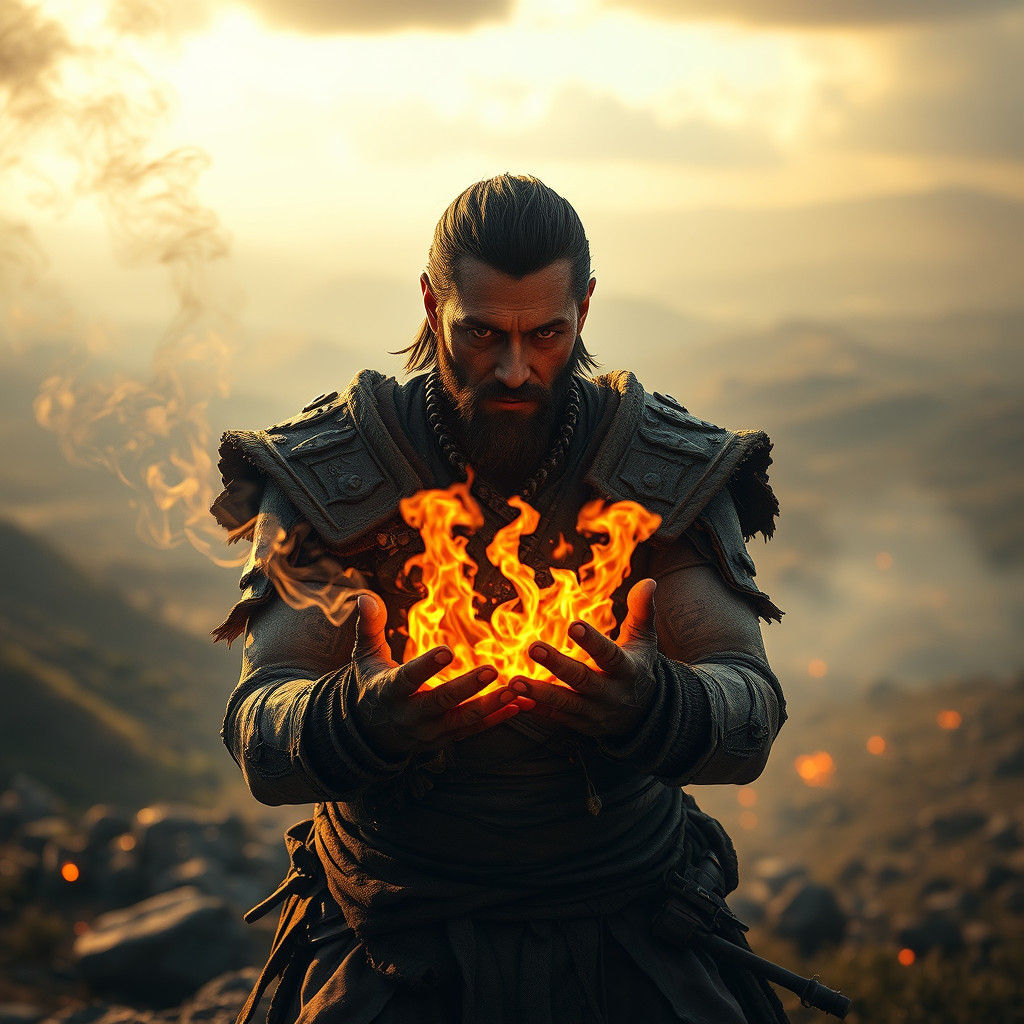 Man Harnessing Fire in a Cinematic Landscape