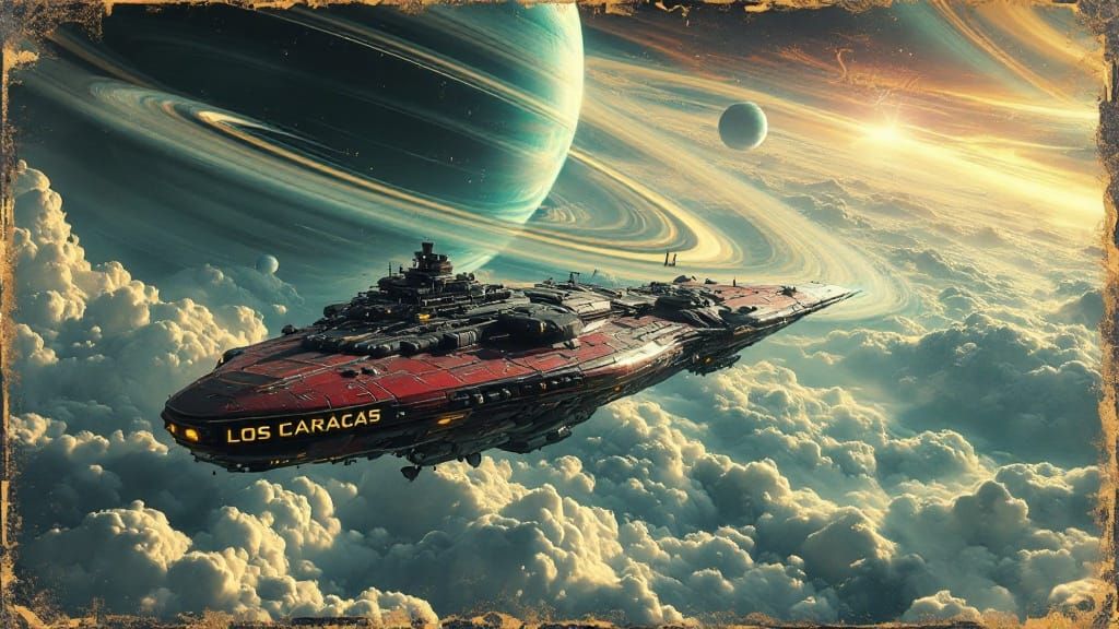 Epic Military Spaceship in Orbit, Red and Yellow Accents, Da...