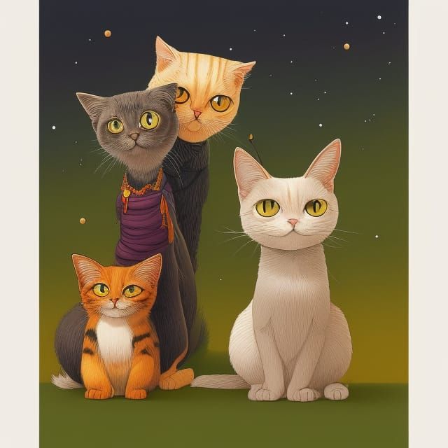 Stylized Vintage Illustration of Three Fluffy Cats