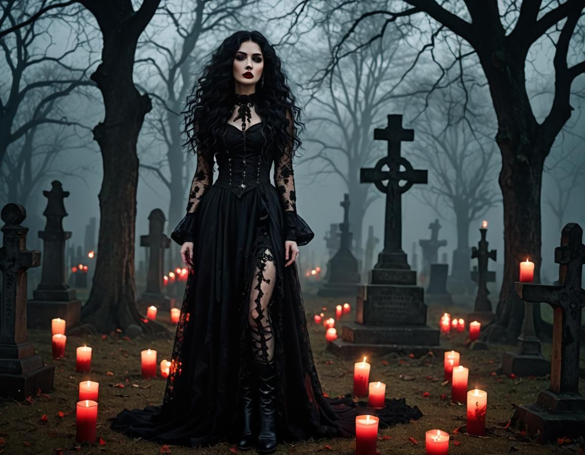 Gothic Woman in Graveyard with Lace Dress
