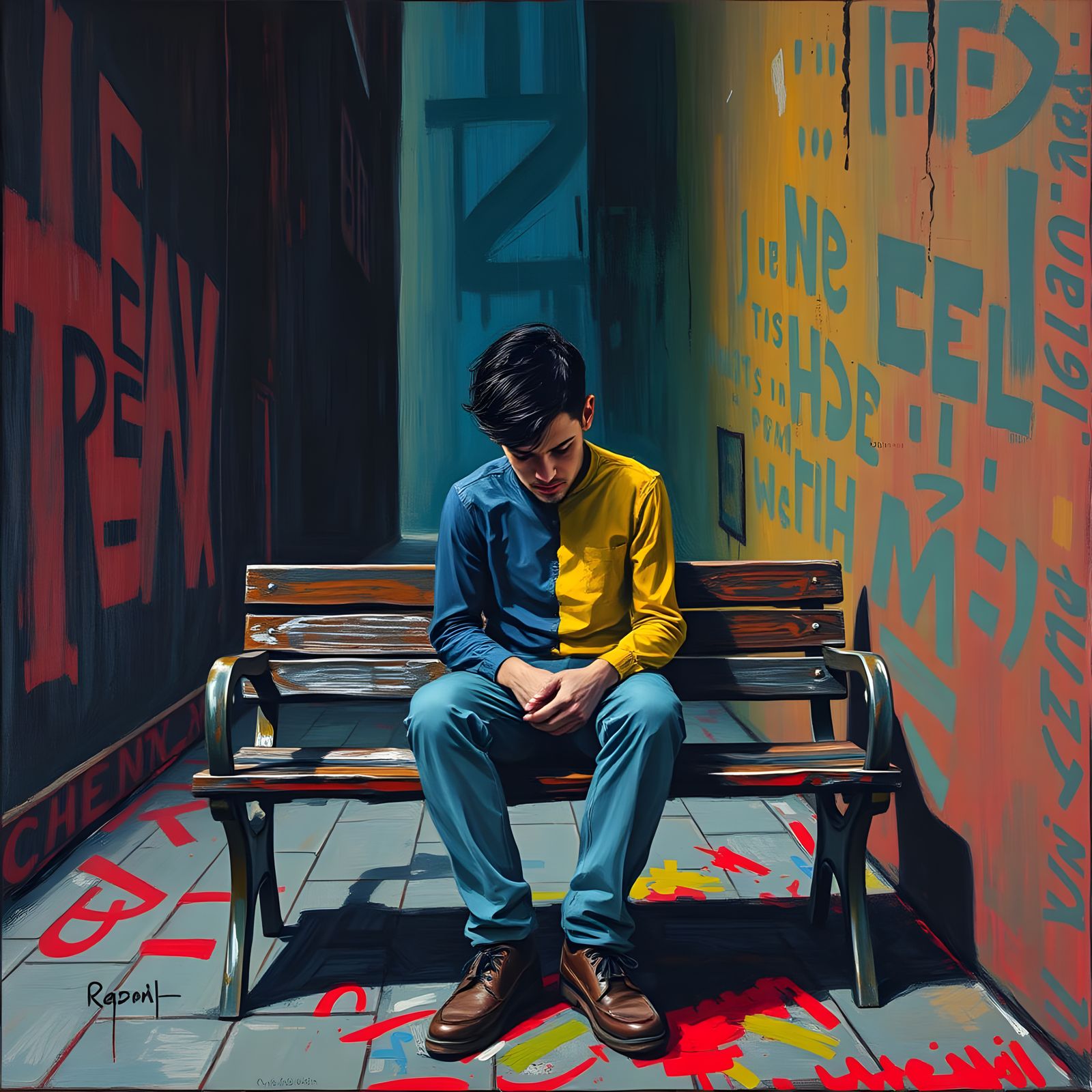 Conflicted Person in Alleyway with Expressive Brushstrokes