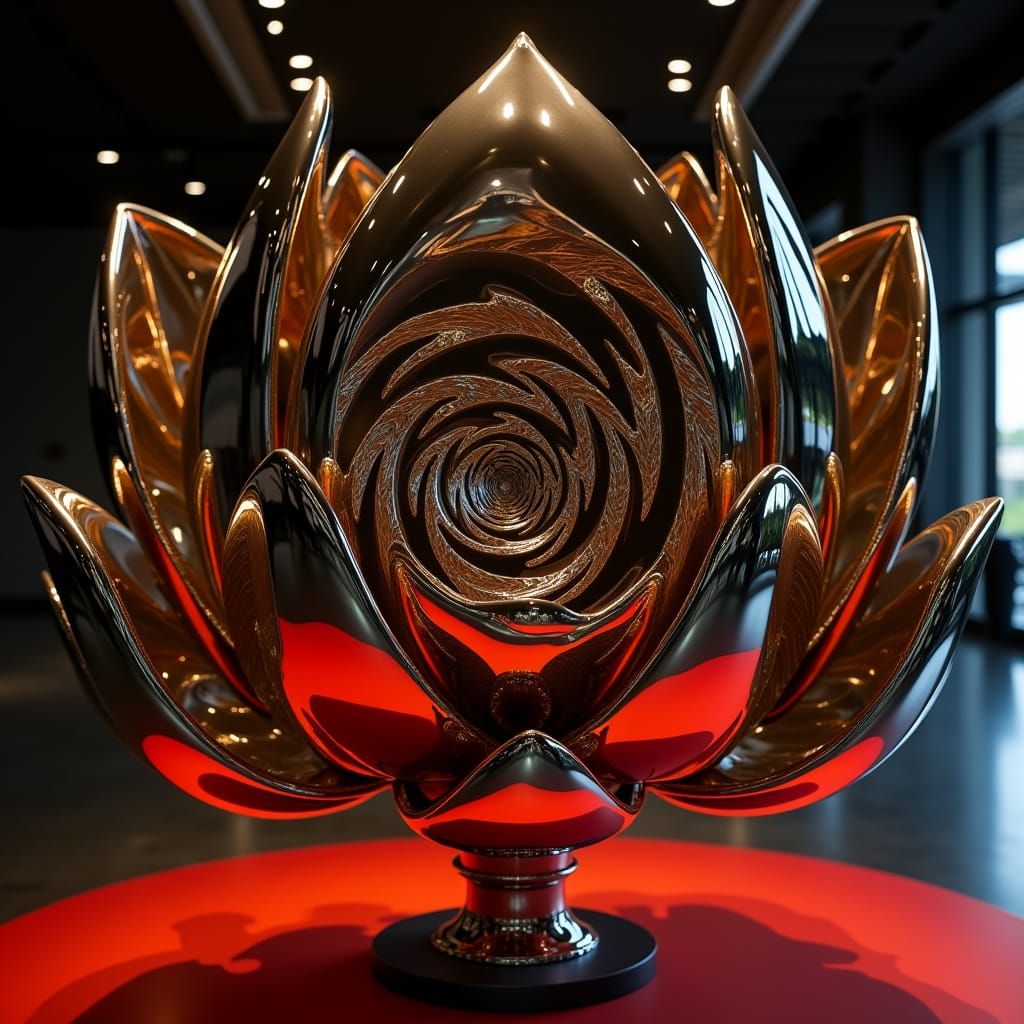 Giant Chrome Lotus Sculpture With Hidden Optical Illusion