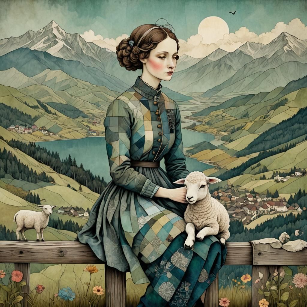 Woman on Fence in Whimsical Fantasy Art Style