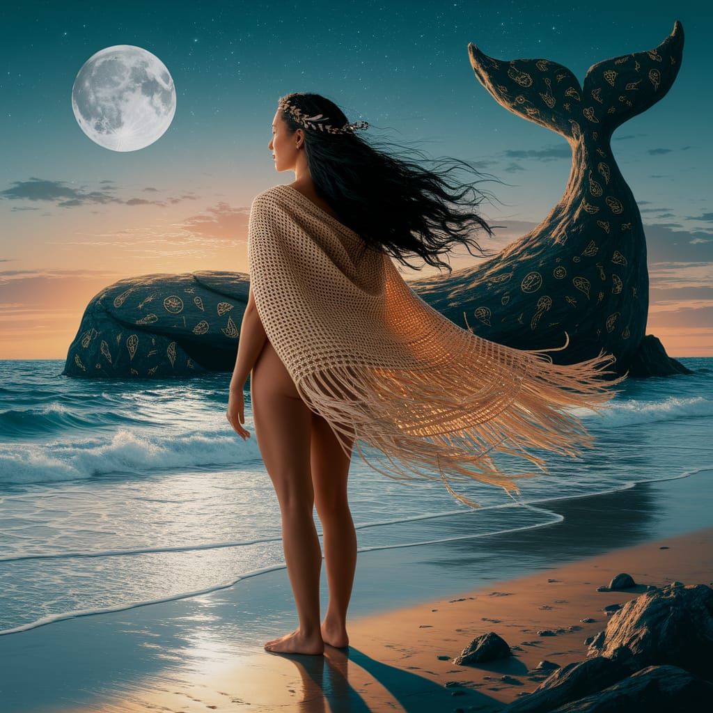 Polynesian Woman on Windswept Shoreline at Twilight