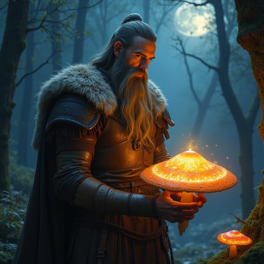 Viking Warrior Holds Glowing Rune Mushroom in Misty Forest