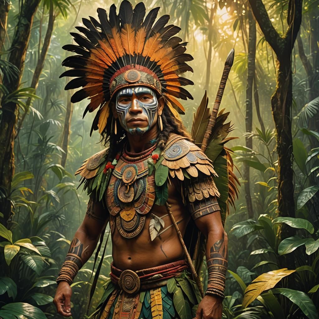 Taino Warrior in Rainforest: Impressionist Folk Art