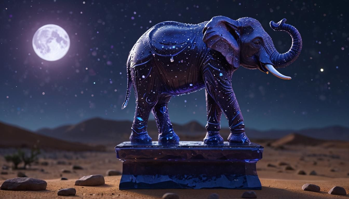 Crystal Elephant Under Moonlight in Desert Landscape