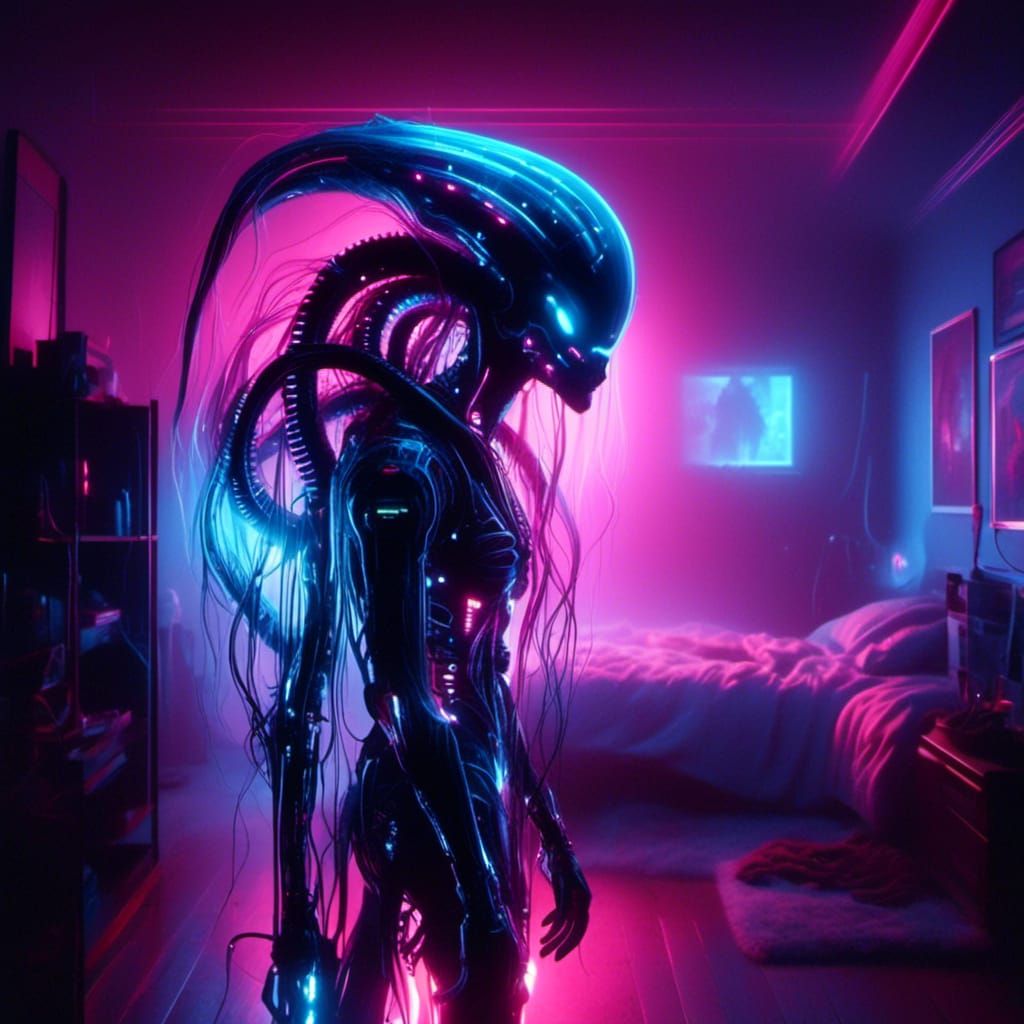 Neon Xenomorph Silhouette in Graffiti Art Style