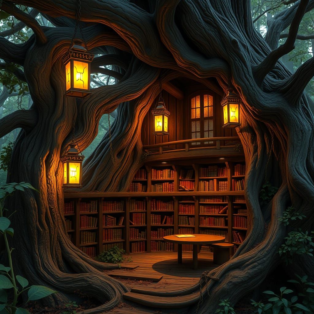 A quiet library tucked inside a treehouse. 4k