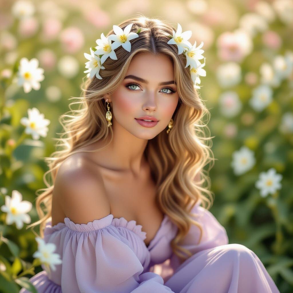 Ethereal Woman with Lilies, Art Nouveau Style