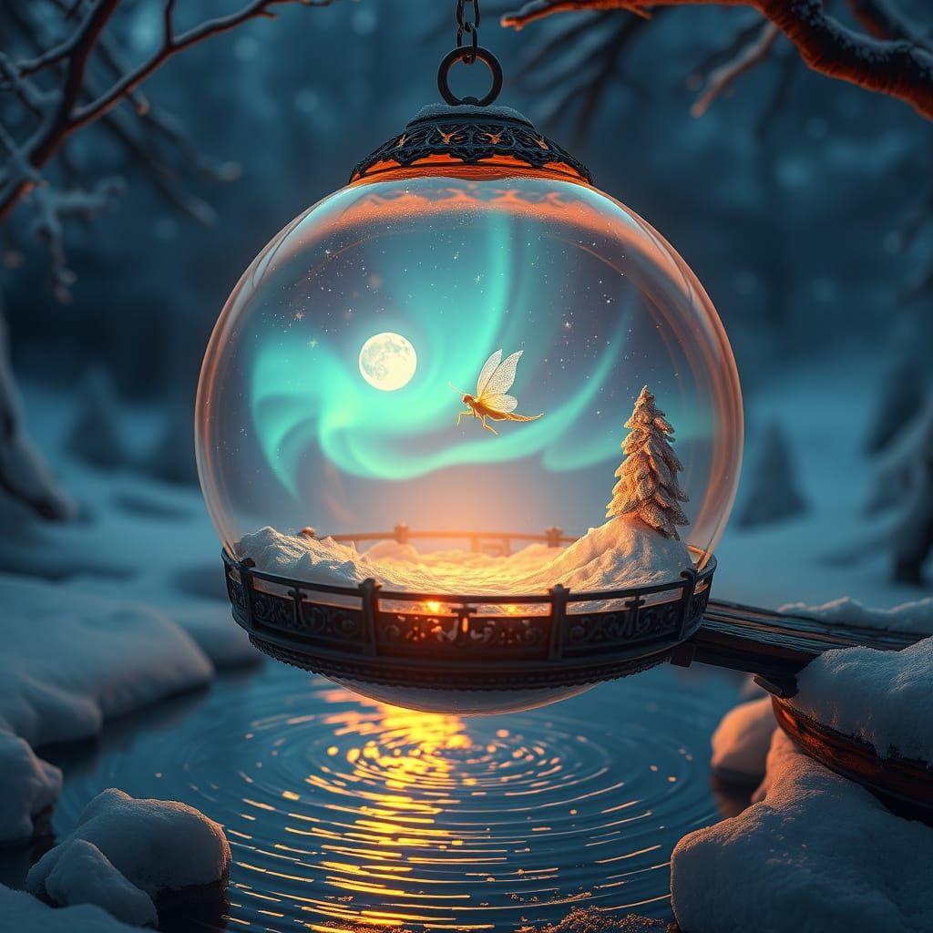 Mystical Snow Globe Scene in Hyperrealistic Style